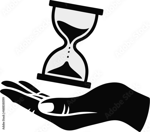 An illustration of a black and white hourglass with sand flowing resting on a black and white hand image