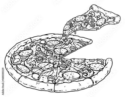 Illustration of a delicious pizza, cut into several pieces, one of the pieces has melted cheese
