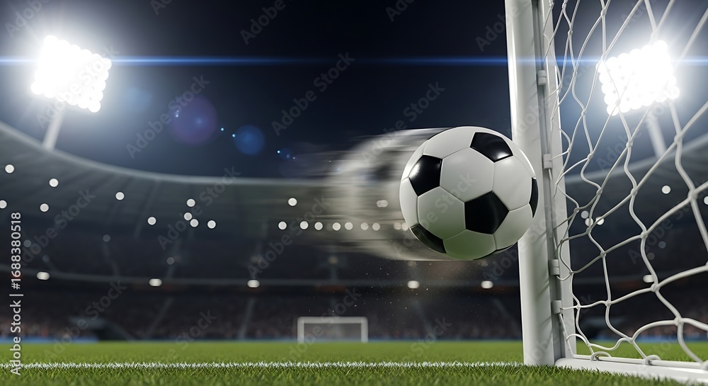 Naklejka premium Dynamic soccer ball in motion entering the goal net during night match
