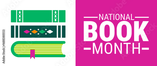 National Book Month background, banner, card or poster design template is observed every year during October, to raise awareness about the mission. Vector illustration.