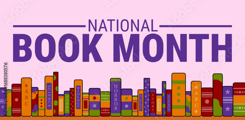 National Book Month background, banner, card or poster design template is observed every year during October, to raise awareness about the mission. Vector illustration.