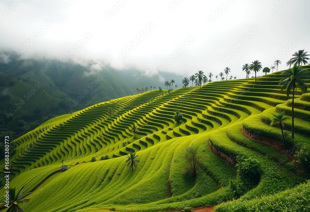Fototapeta premium Rolling green tea terraces climb a misty Balinese mountain, crop, plant