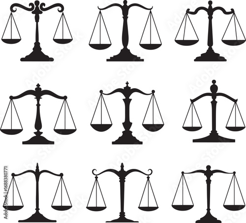 Nine Scales of Justice Silhouettes in Minimalist Black and White Style