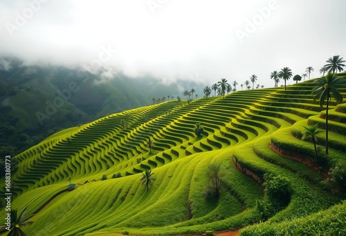 Rolling green tea terraces climb a misty Balinese mountain, crop, plant