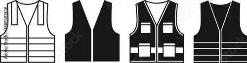 Four Safety Vests Icons Outline and Silhouette on White Background Keywords: safety vest, high
