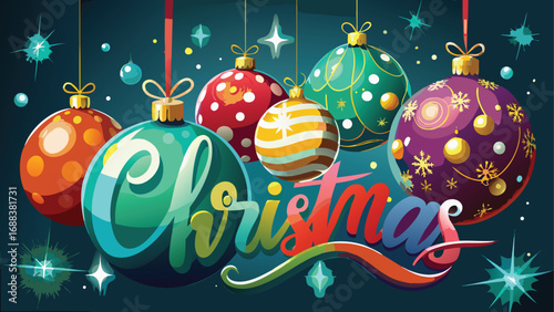 Colorful ornaments like gold snowflakes and red spheres decorate a festive Christmas tree