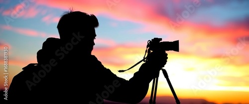 Silhouette of photographer capturing sunset with tripod-mounted camera,  shot,  tripod