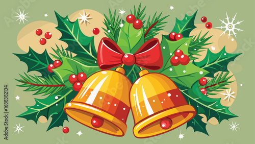 Vibrant Christmas bells adorned with holly and a red ribbon, ready to decorate a festive holiday tree