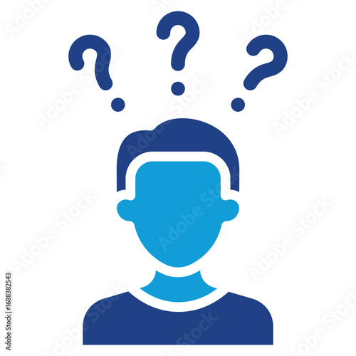 Confused Person Glyph Blue Silhouette Icon Design Vector - Human head with multiple question marks above, symbolizing confusion, doubt, or uncertainty