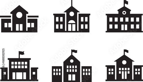 Six School Building Icons in Black and White Silhouette Style 