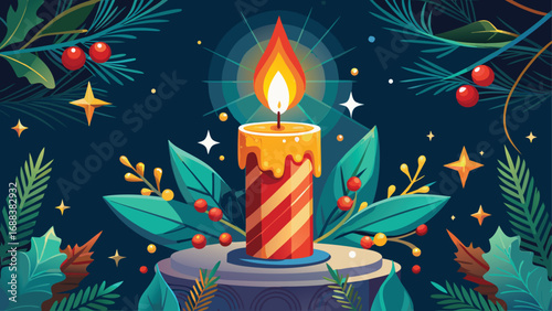Elegant holiday candles with red ribbon and bow decorations illuminate a festive winter scene