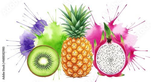 Fresh tropical fruit assortment with kiwi, pineapple, and dragon fruit splashes of color