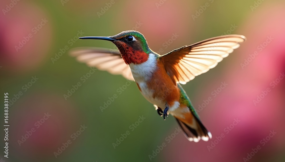 Fototapeta premium Allen hummingbird hovers mid-air with wings spread in stunning detail. Iridescent green feathers adorn head, contrasting with vibrant red gorget, white chest. Small bird, captured in motion,