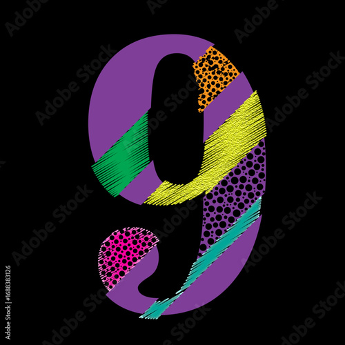 3D number 9 with dark purple textured design on black background