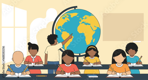 Minimalist flat vector of children studying in a classroom with books, pencils, and a large globe in the background, promoting education and equality