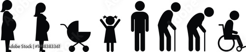 Silhouettes depicting human life stages from pregnancy to old age in wheelchair pregnant woman