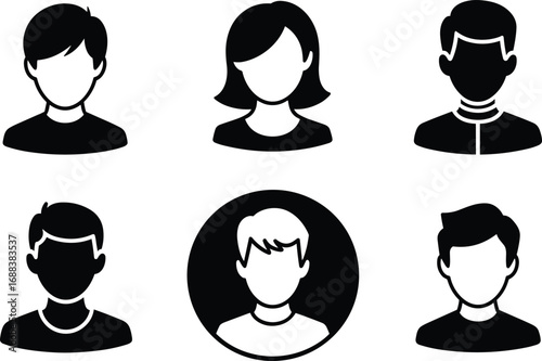 Six Black And White Silhouette User Profile Icons With Different Hairstyles avatar