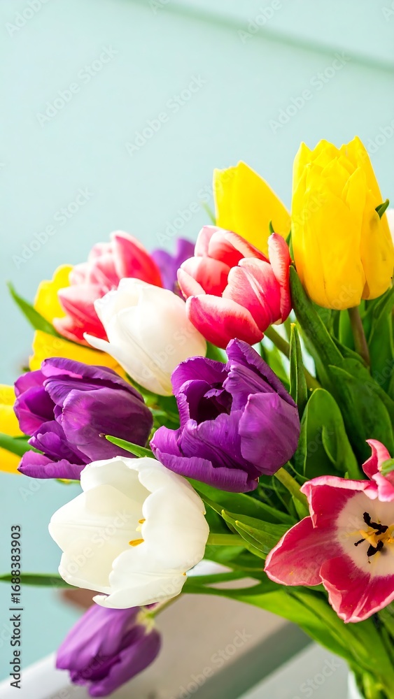 Obraz premium Colorful tulip bouquet on a table with soft background