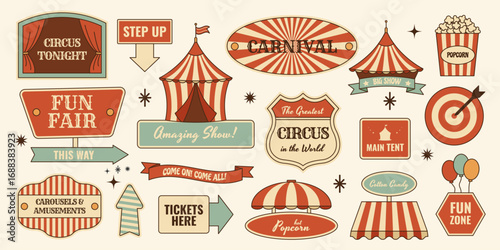 Retro circus fun fair carnival sticker set. Vintage tents, signboards, signs, arrows, street food stalls and other elements. Vector illustration for amusement fun fair designs, midcentury 50s style