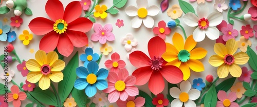 Vibrant paper cut flowers on a spring floral backdrop, ideal for kids' crafts, artwork, greeting card