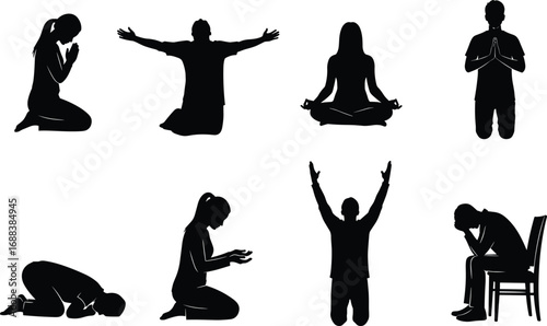 Silhouette illustration of people praying, meditation poses, worship and faith concept, spiritual mindfulness, yoga relaxation, religious devotion vector