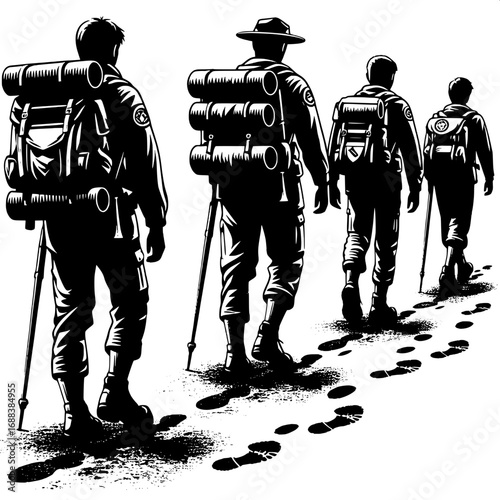 Black and White Vector Silhouette of Scouts Tracking Footprints