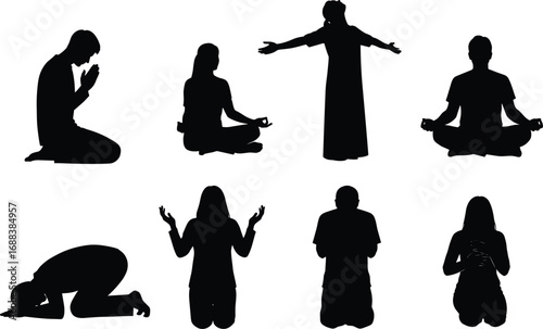 Silhouette illustration of people praying, meditation yoga poses, worship and spirituality, mindfulness practice, religious devotion, peaceful relaxation vector