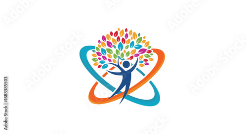 Vibrant human growth symbol with colorful leaves and dynamic orbital rings, representing wellness and progress
