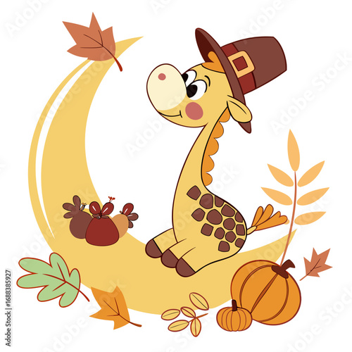 Charming SVG of a Happy Giraffe featuring sitting on a moon, styled in a Thanksgiving theme with Harvest Blessings hues