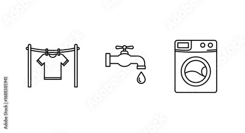 Laundry day icons: t-shirt drying, faucet with water drop, and washing machine, simple line art