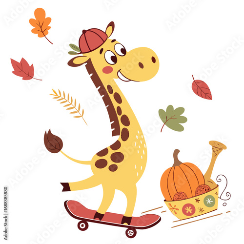 Playful Joyful Giraffe design, styled with riding a skateboard and Harvest Blessings shades in a Thanksgiving setting