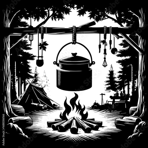 Black and White Vector Silhouette of Scout Campfire Cooking Pot