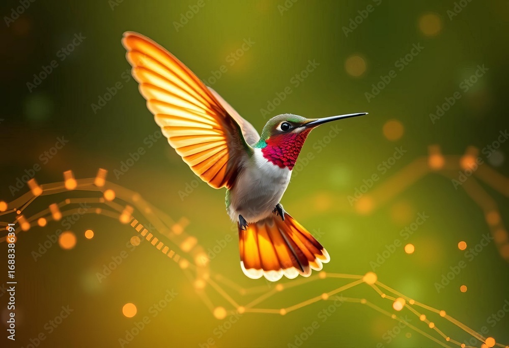 Obraz premium Digital hummingbird in flight, data streams flowing smoothly, concept, creative
