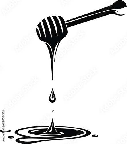  Black and white line art of honey dipper with dripping honey, minimal vector illustration for honey jar packaging 3