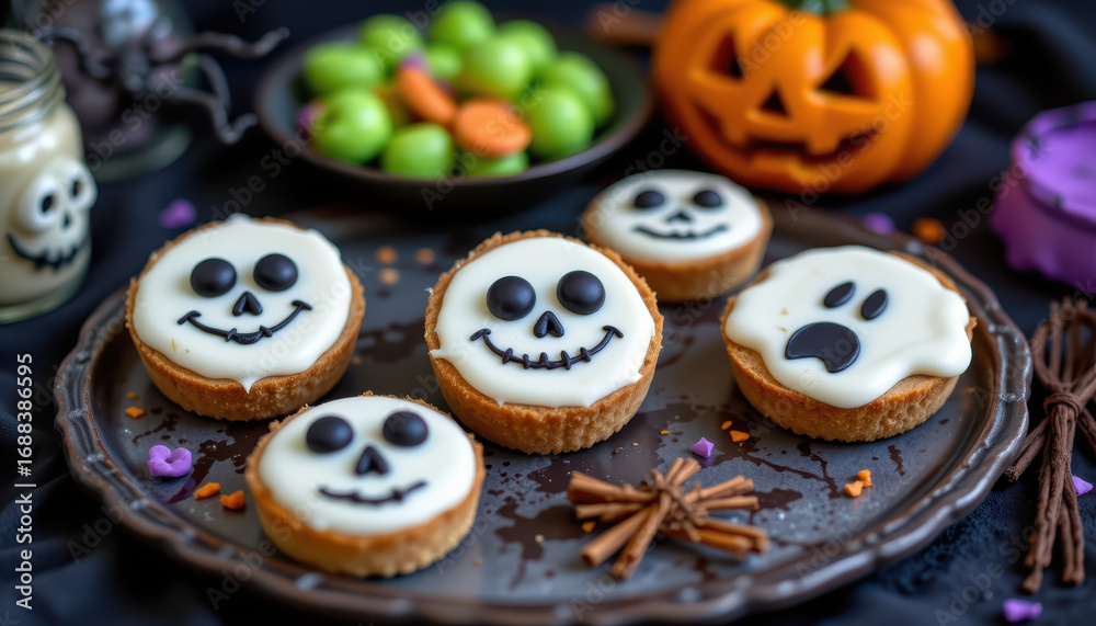 Obraz premium Delightful Halloween treats featuring spooky cupcakes decorated with ghost and skull designs, surrounded by festive decorations like pumpkins and candy. Perfect for festive celebration