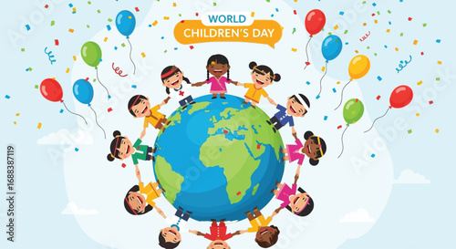 Flat vector illustration of diverse children from around the world holding hands around a globe, celebrating World Children’s Day with colorful balloons and confetti