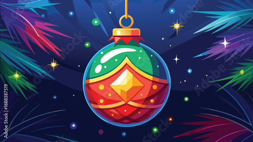 Shiny red and blue Christmas balls decorate a festive tree, creating a winter holiday scene
