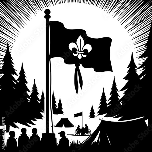 Black and White Vector Silhouette of Scout Camp Flag