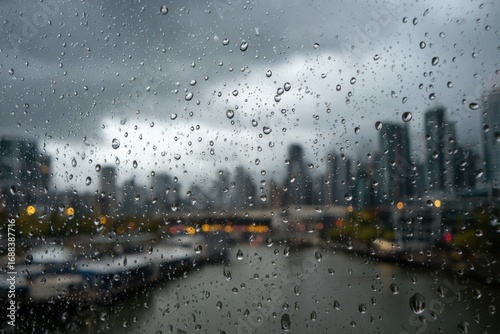 Rain-streaked cityscape view through a window (1)
