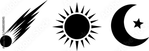 Dynamic celestial elements: comet, vibrant sun, and crescent moon with star, ideal for design.
