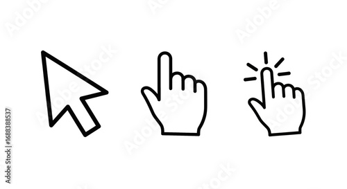 Digital cursor icons: Arrow, hand pointer, and click symbol for website navigation and user interface design.