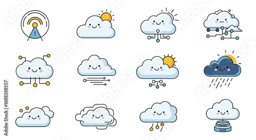 Adorable cloud icons depict weather, data, and connectivity with cheerful faces