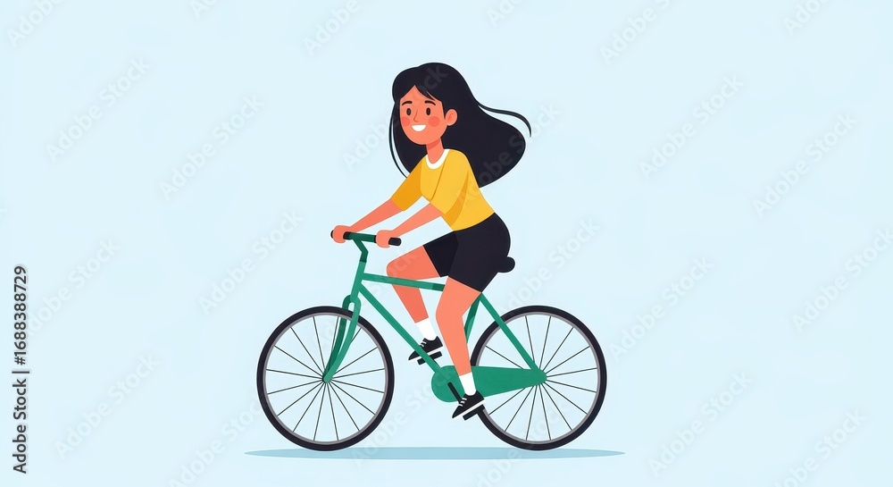 Obraz premium Riding a Bicycle: A woman smiles, enjoying a carefree bicycle ride, against a refreshing backdrop that inspires thoughts of adventure.