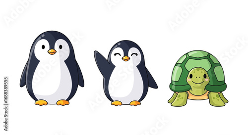 Adorable cartoon penguin friends and a smiling turtle create a cheerful, playful scene