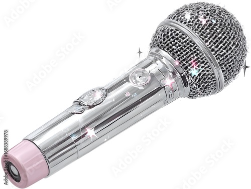 A shiny silver microphone with a sparkly head sits isolated on a white background, ready for performance.