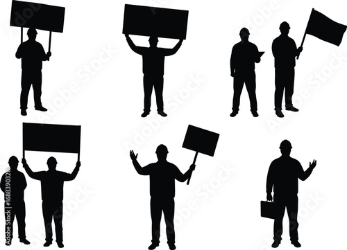 Silhouettes of men holding protest signs, flags, briefcases, and papers, representing activism, demonstration, business, and public speaking concepts.
