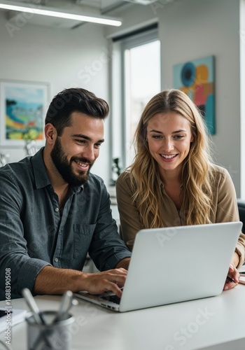 Collaboration in Modern Office: Two smiling business professionals in a bright, modern office space, engrossed in their laptop.