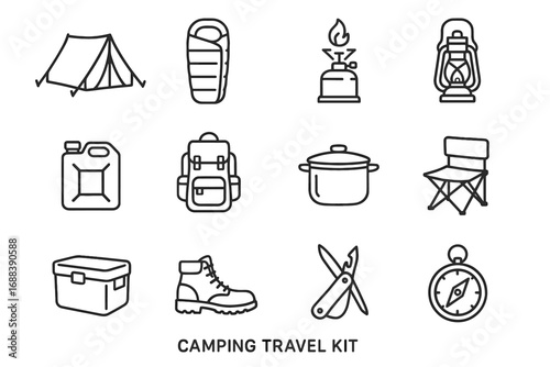 Chair cooler camping compass essentials camp backpack cooking icons pot canister vector