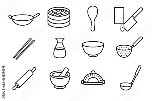 Asian ladle rice sauce dumpling vector icon strainer cooking mortar tools paddle