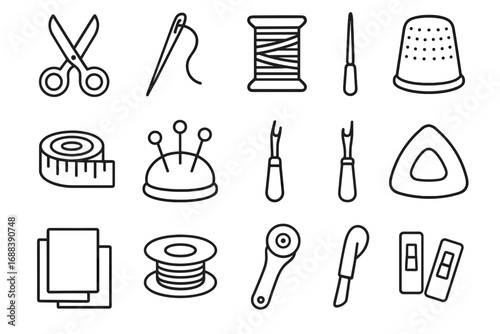 Fabric vector icon spool tool sewing rotary cutter scissors pincushion bobbin icons